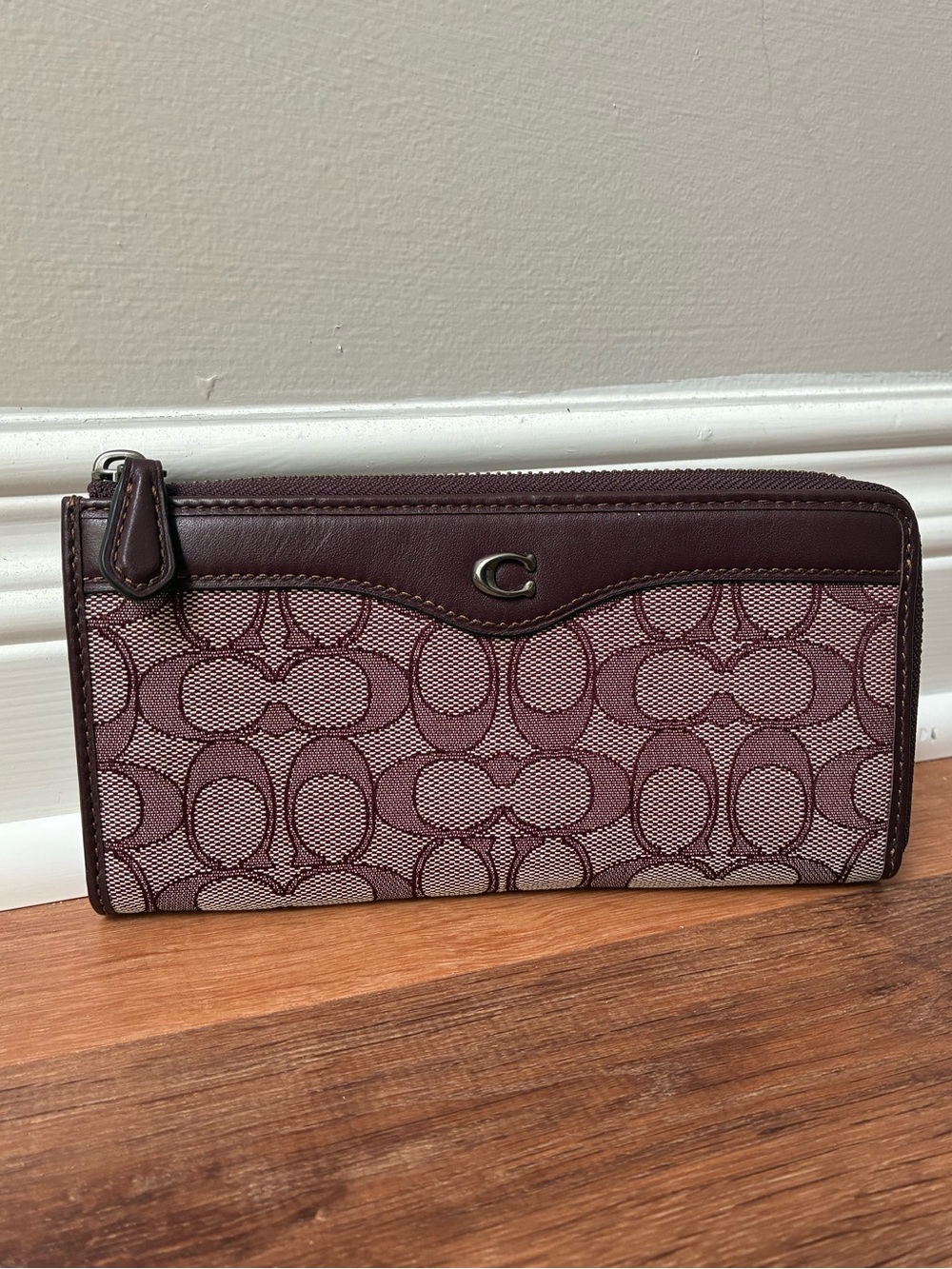 Coach L Zip Wallet In Signature Jacquard / Leather, Wine / Khaki, 34790